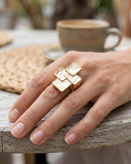 Chunky Gold Textured Geometric Cross Ring
