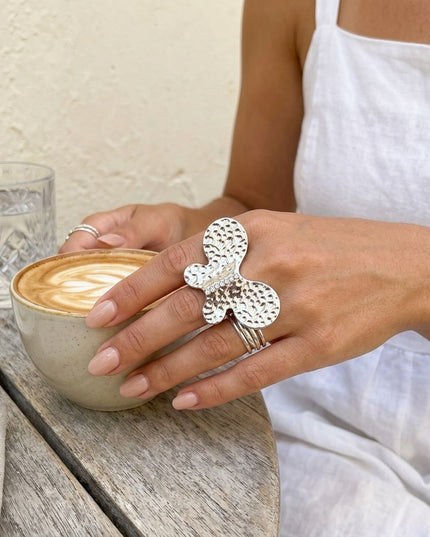 Silver Hammered Butterfly Large Cocktail Ring