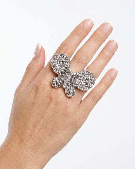 Silver Hammered Butterfly Large Cocktail Ring