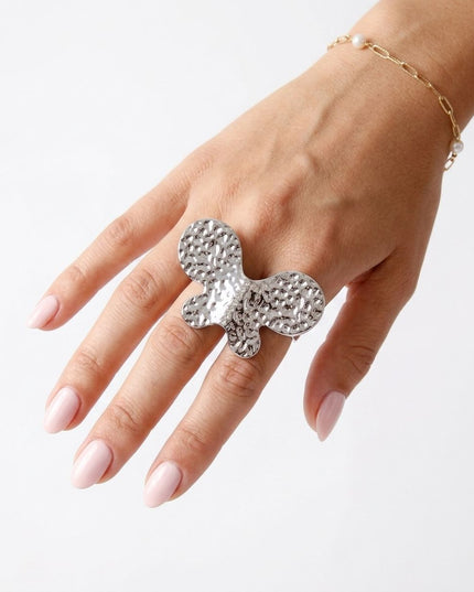 Silver Hammered Butterfly Large Cocktail Ring
