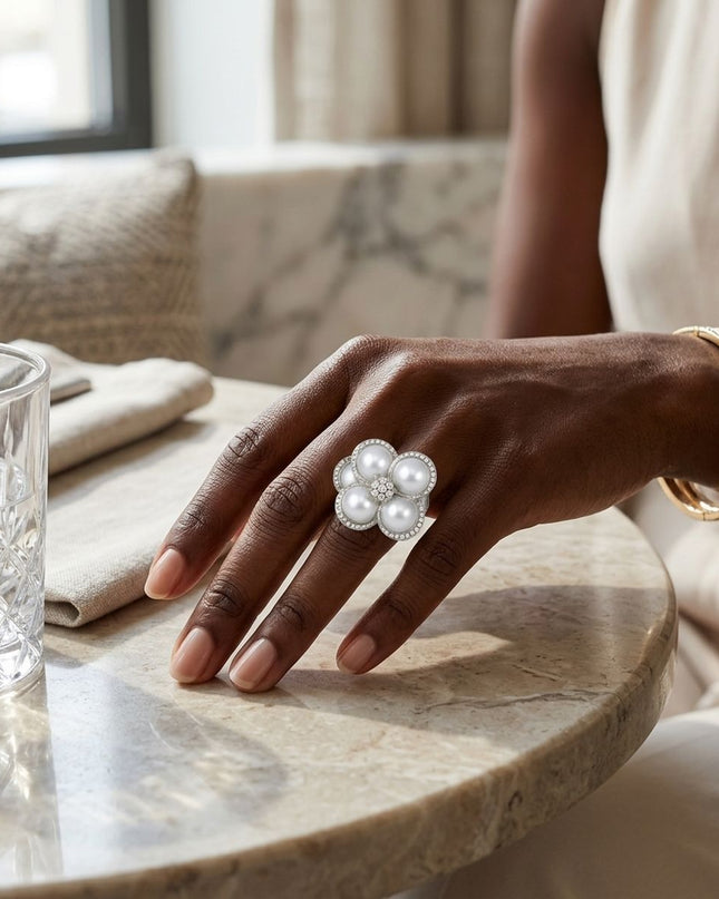 Cocktail Silver Stacked Pearl Dome Pave Ring