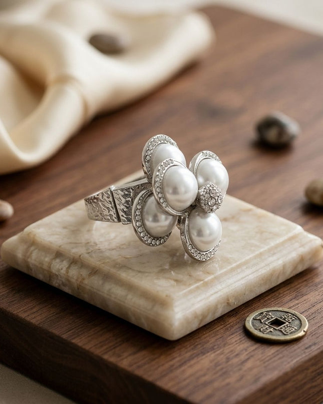 Cocktail Silver Stacked Pearl Dome Pave Ring