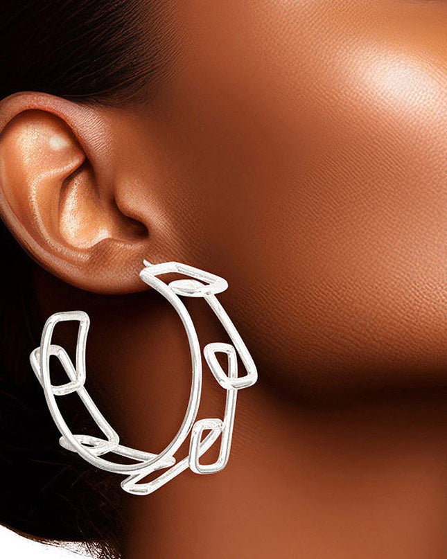 Hoop 14k White Gold Medium Geo Wire Earrings for Women