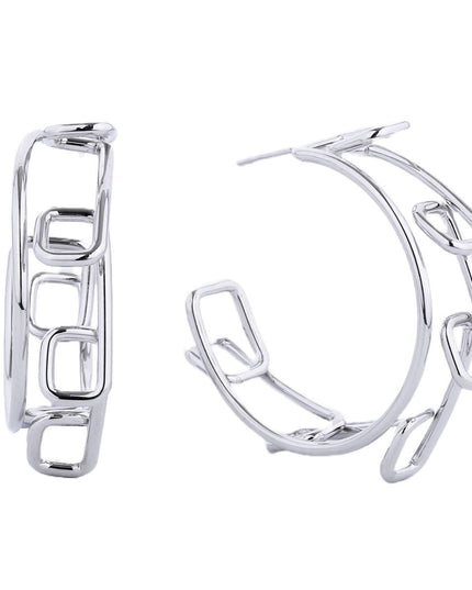 Hoop 14k White Gold Medium Geo Wire Earrings for Women