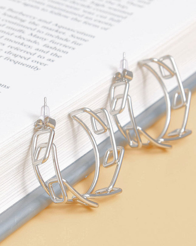Hoop 14k White Gold Medium Geo Wire Earrings for Women