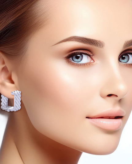 14K White Gold Rattan Square Huggie Hoops