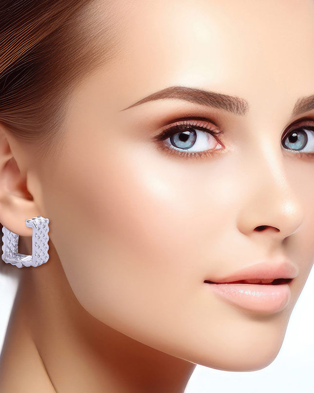 14K White Gold Rattan Square Huggie Hoops