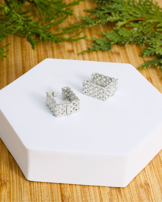 14K White Gold Rattan Square Huggie Hoops
