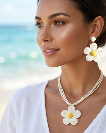 Ivory Daisy Flower Raffia Pendant Necklace Set