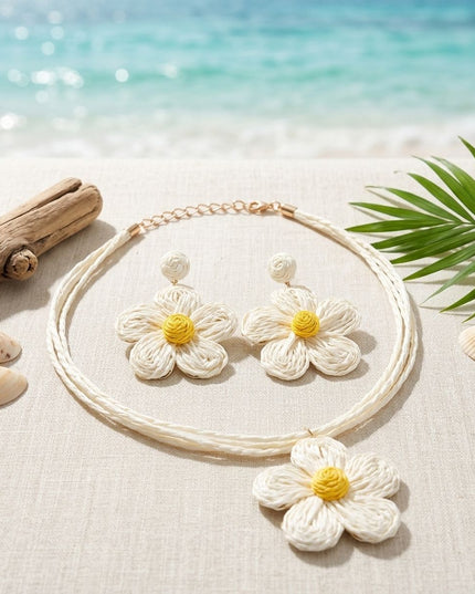 Ivory Daisy Flower Raffia Pendant Necklace Set