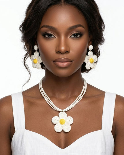 Ivory Daisy Flower Raffia Pendant Necklace Set