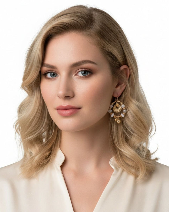 Gold Beaded Oval Earrings