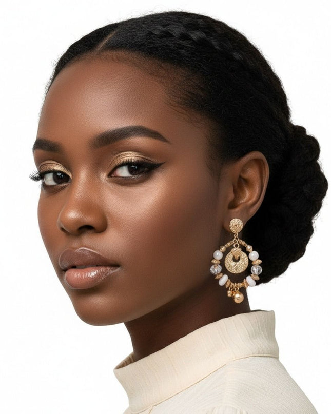 Gold Beaded Oval Earrings