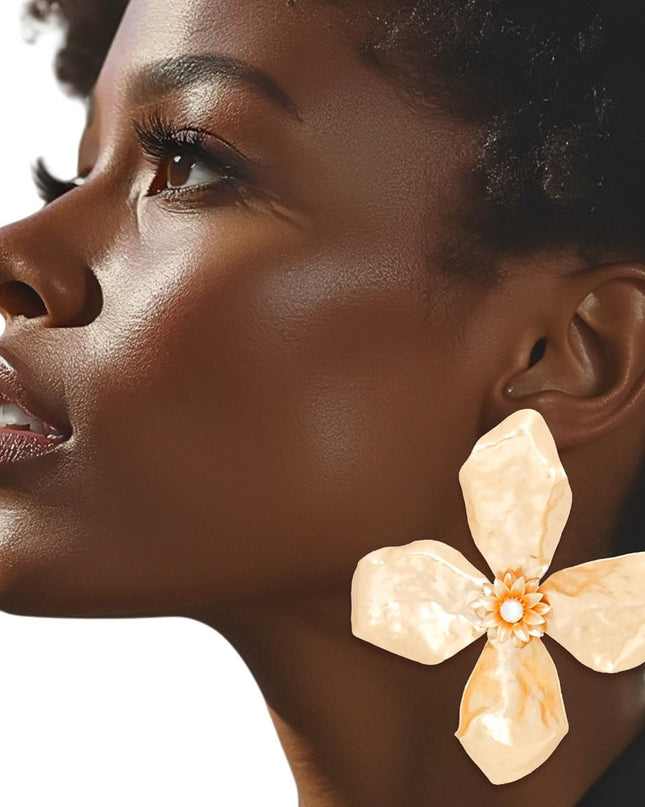 Studs Large Matte Gold Sculptured Flower Earrings