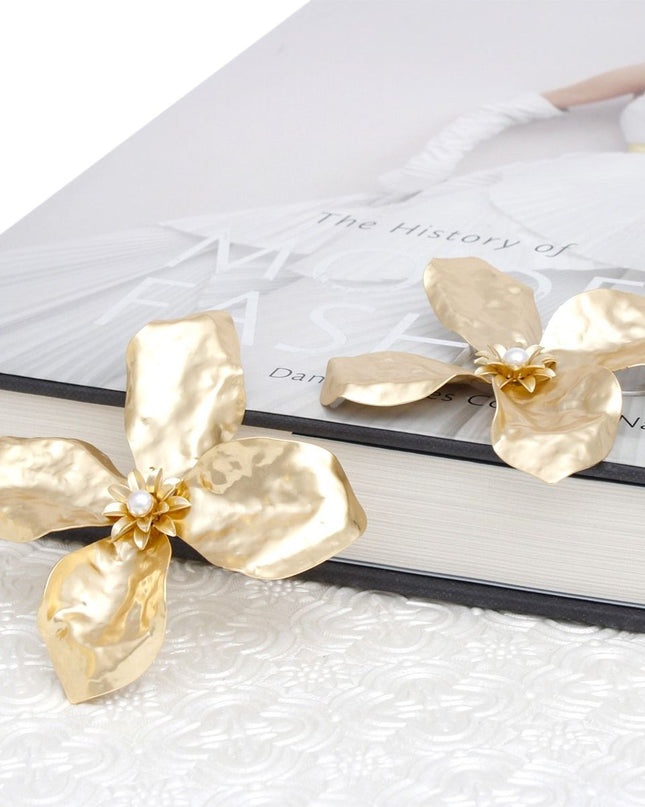 Studs Large Matte Gold Sculptured Flower Earrings
