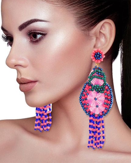 Tassel Pink Beaded Large Earrings for Women