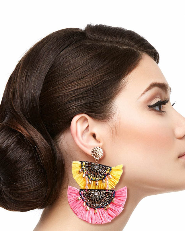 Yellow and Pink Raffia Tassel Earrings
