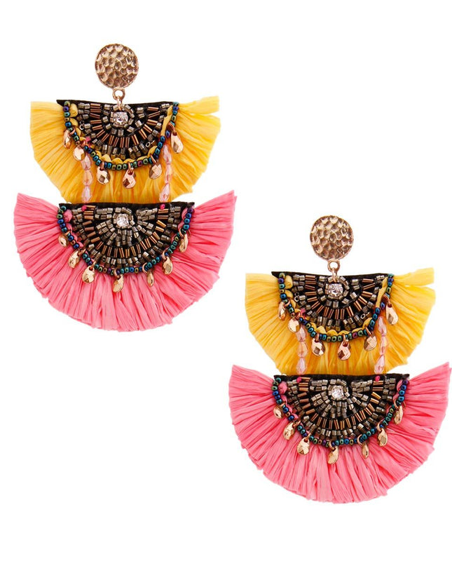 Yellow and Pink Raffia Tassel Earrings