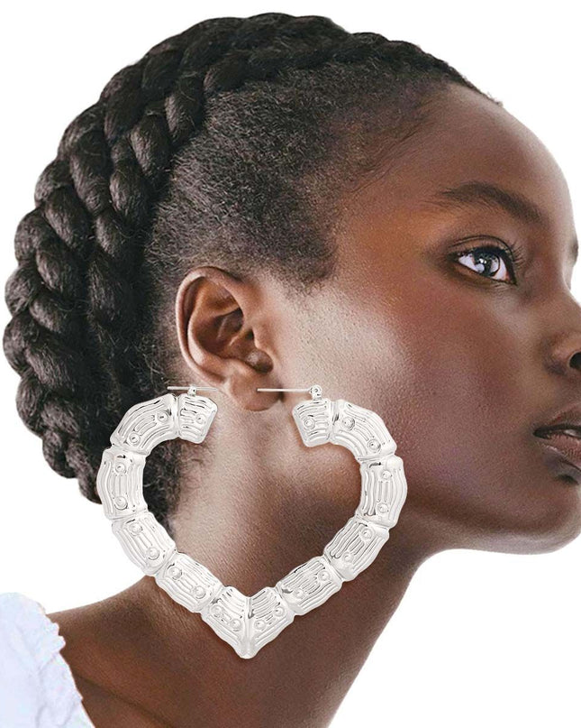 Silver Heart Bamboo Hoops