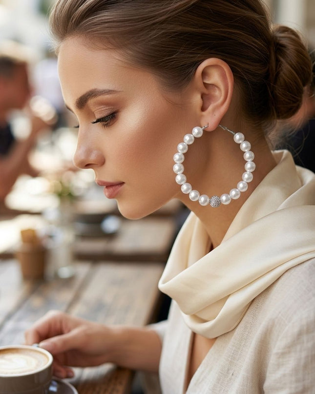 White Pearl & Stone Encrusted Bead Hoop Earrings