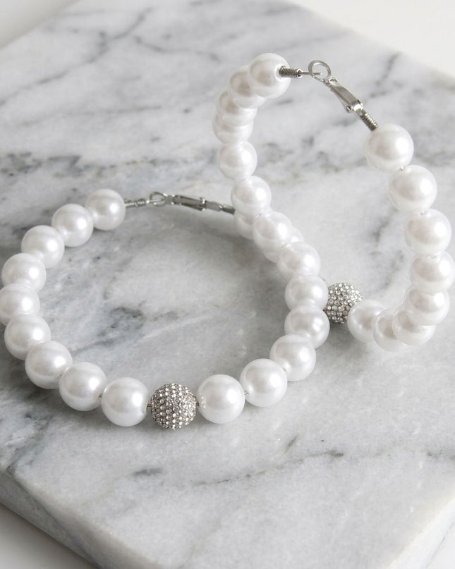 White Pearl & Stone Encrusted Bead Hoop Earrings