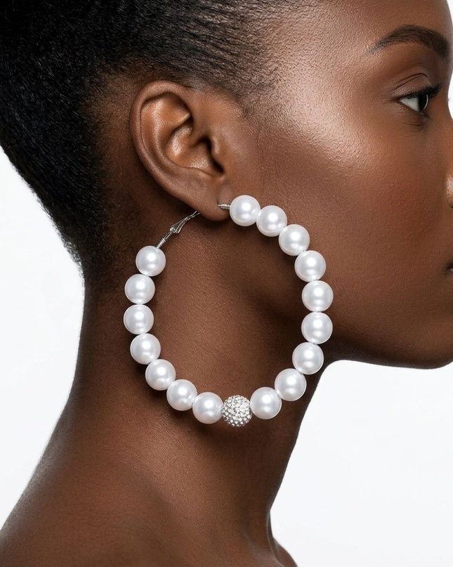 White Pearl & Stone Encrusted Bead Hoop Earrings