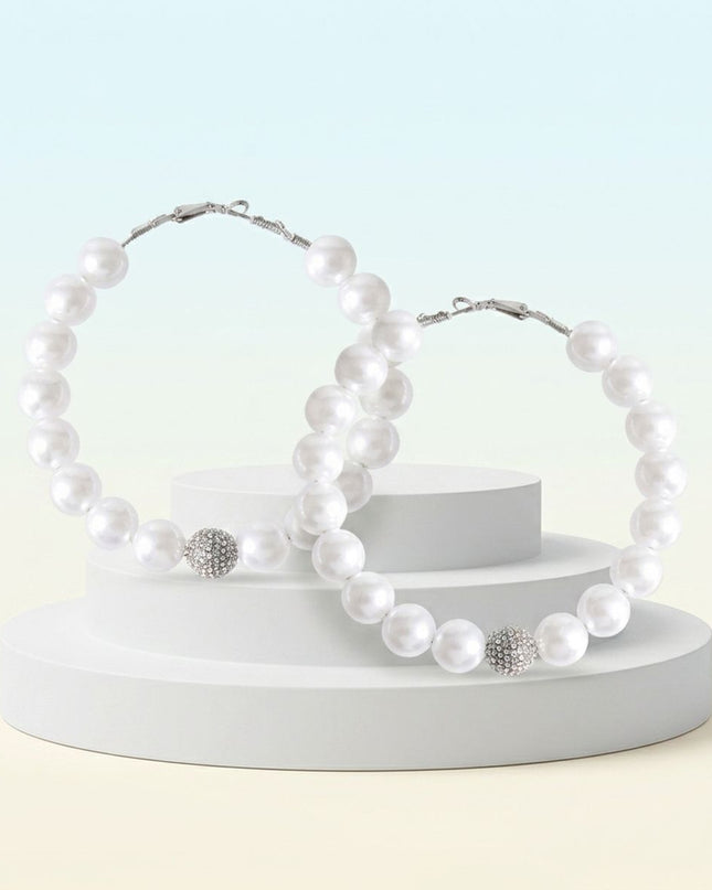 White Pearl & Stone Encrusted Bead Hoop Earrings