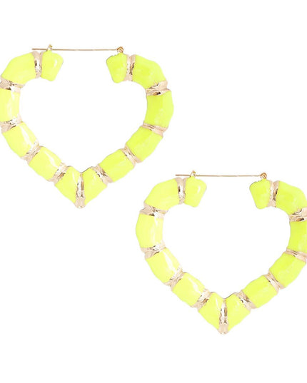 Neon Yellow Heart Bamboo Hoops