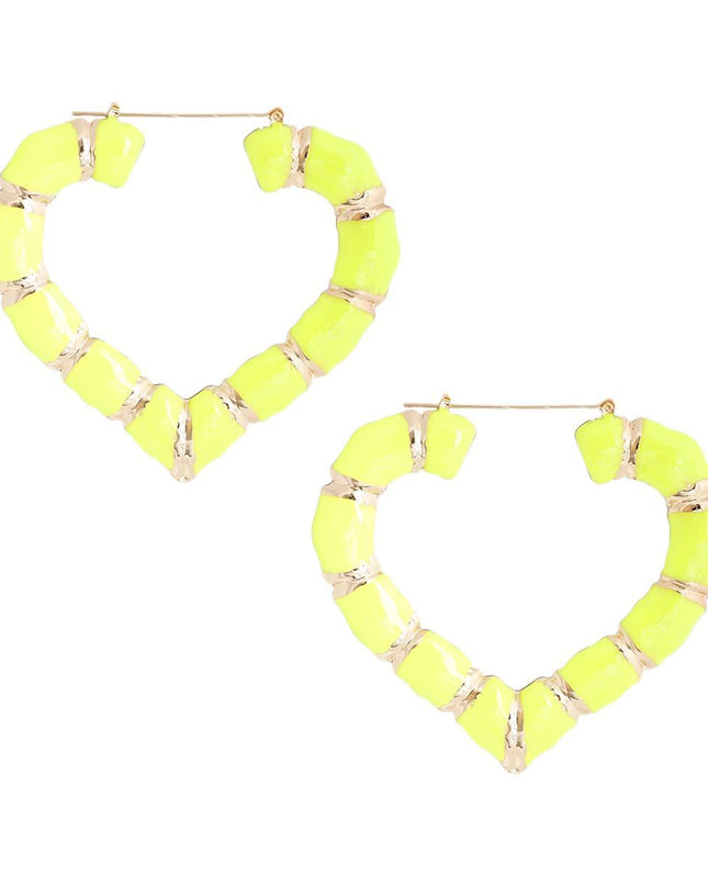 Neon Yellow Heart Bamboo Hoops