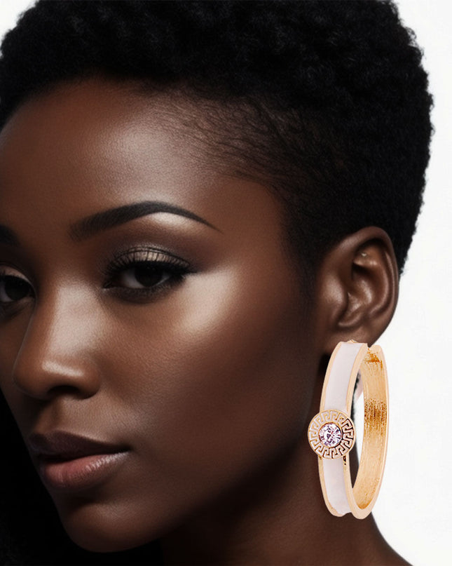 White Greek Medallion Heavy Hoops