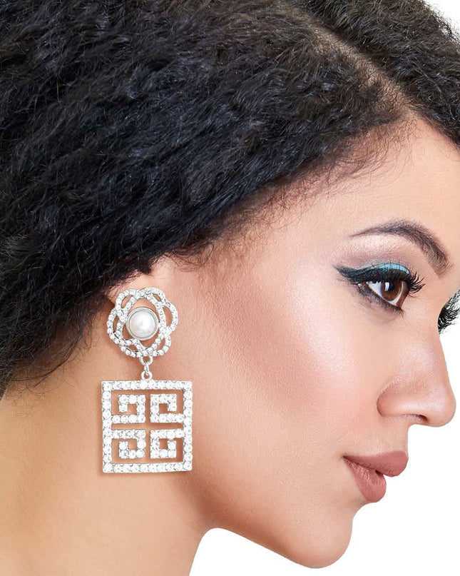 Silver Flower Square Greek Key Earrings
