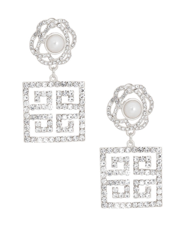 Silver Flower Square Greek Key Earrings