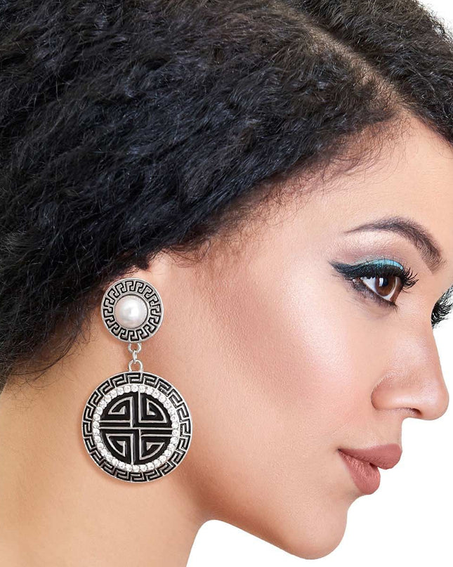 Silver Black Round Greek Key Charm Earrings