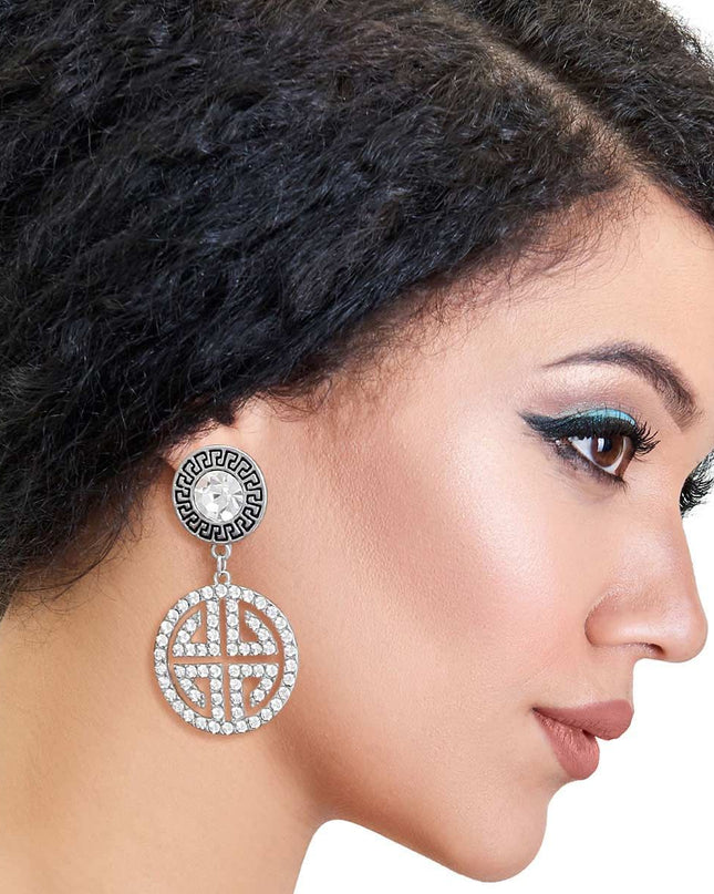 Silver Round Crystal Greek Key Earrings