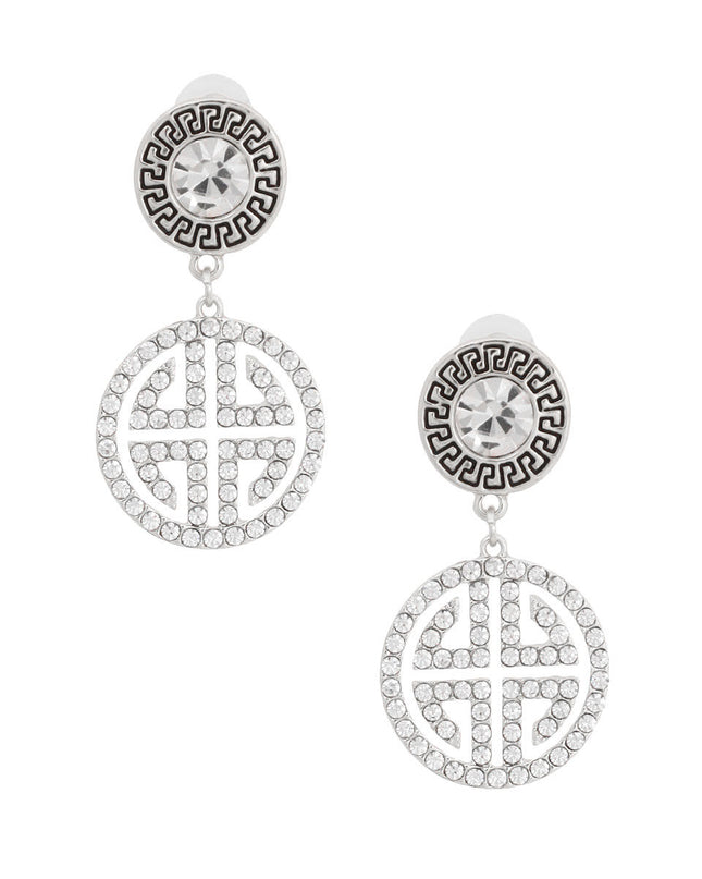 Silver Round Crystal Greek Key Earrings