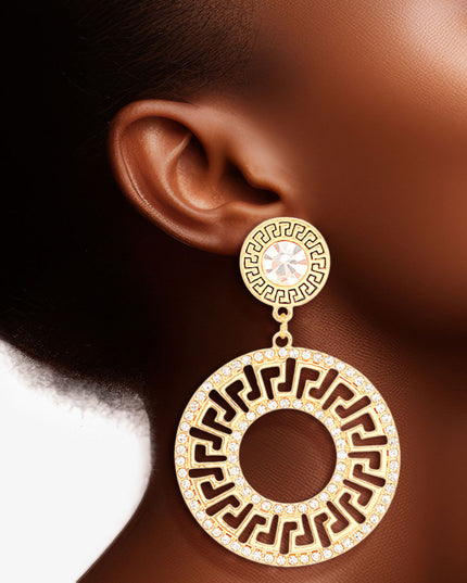 Gold Rhinestone Round Greek Key Earrings