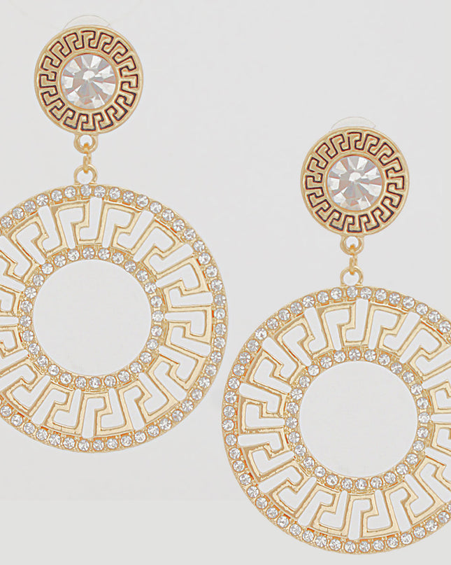 Gold Rhinestone Round Greek Key Earrings