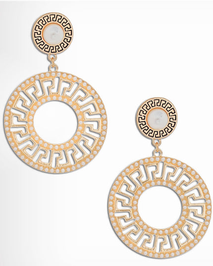 Elegance Redefined: Gold Pearl Greek Key Earrings