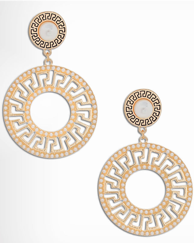 Elegance Redefined: Gold Pearl Greek Key Earrings