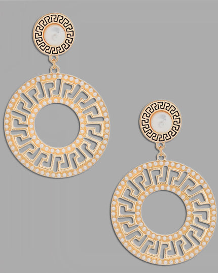 Elegance Redefined: Gold Pearl Greek Key Earrings