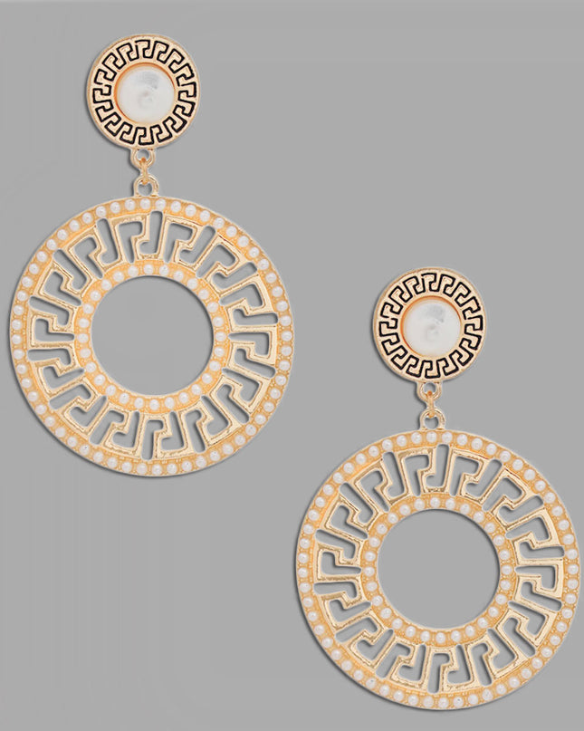 Elegance Redefined: Gold Pearl Greek Key Earrings