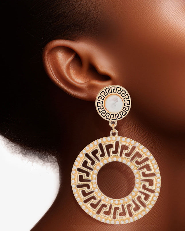 Elegance Redefined: Gold Pearl Greek Key Earrings