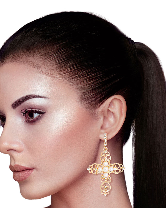 Cream Filigree Cross Earrings