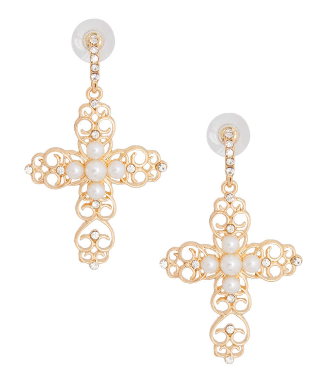 Cream Filigree Cross Earrings