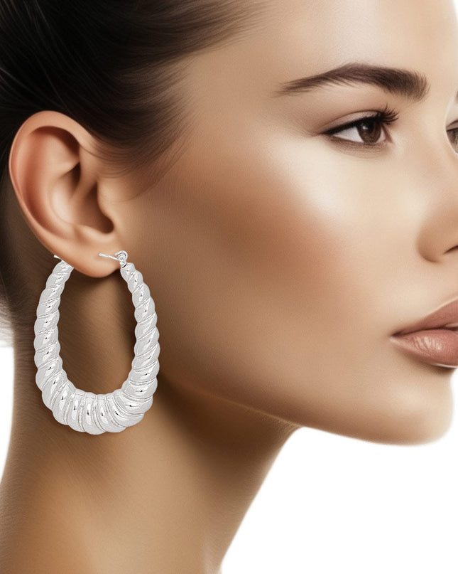 Hoops Twisted Silver Metal Oval Earrings for Women