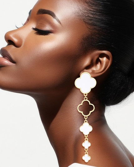 Dangle Gold White Quatrefoil Linear Earrings