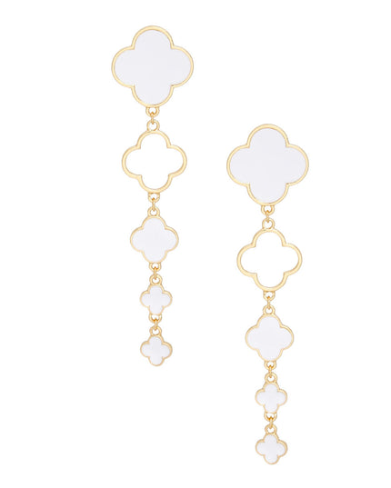 Dangle Gold White Quatrefoil Linear Earrings