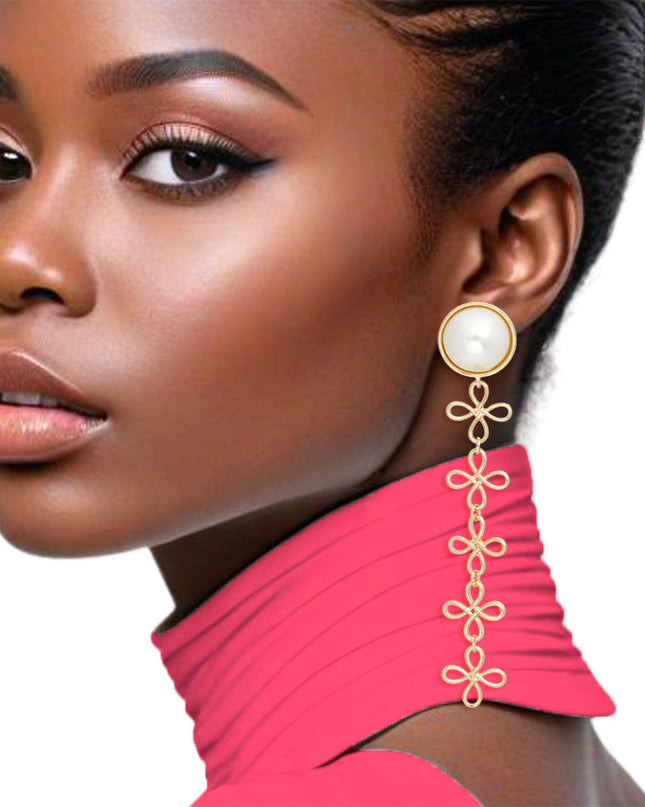 Dangle Dome Pearl Gold Looped Flower Earrings