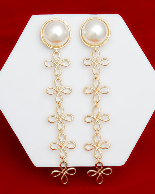Dangle Dome Pearl Gold Looped Flower Earrings