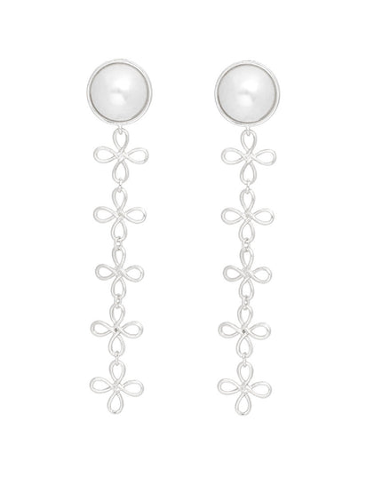 Dangle Dome Pearl Silver Looped Flower Earrings